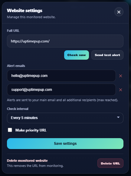 UptimePup website settings